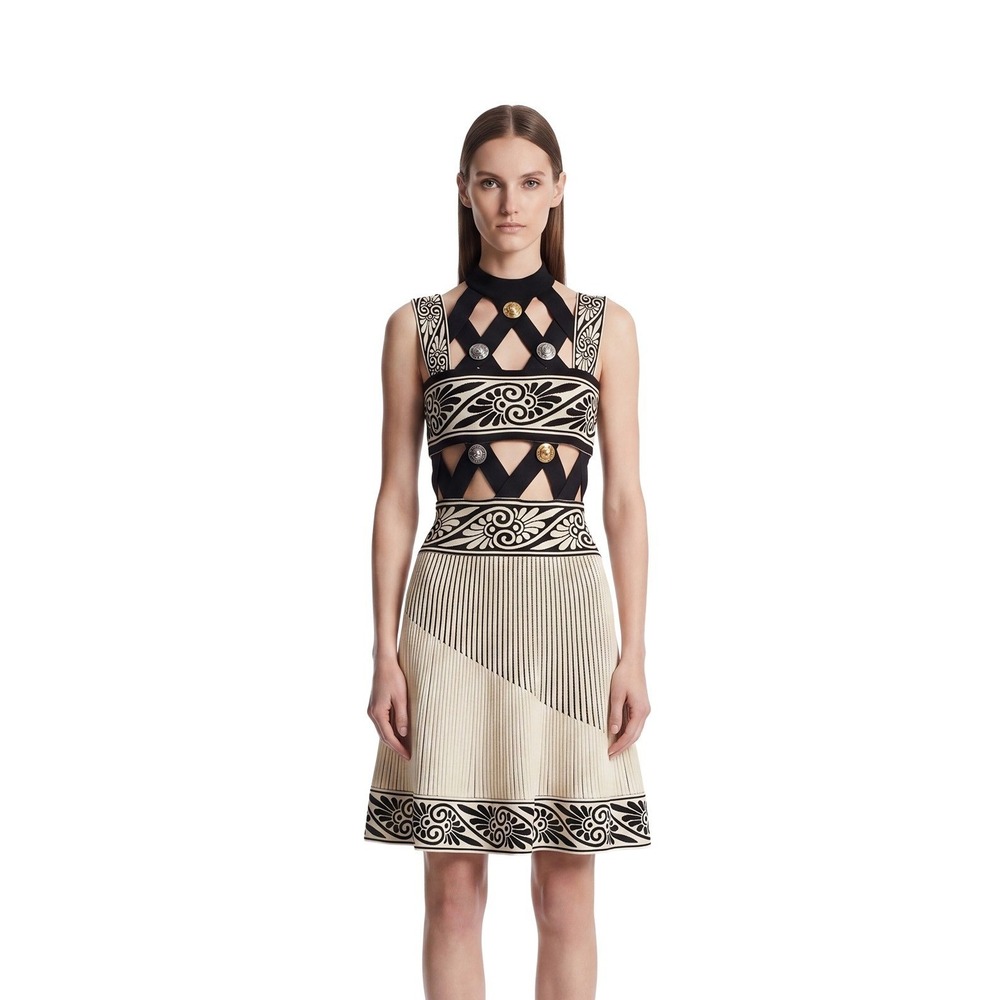 Vintage Fausto Puglisi Knit Cutout Dress Ivory Black Size 8 IT 44